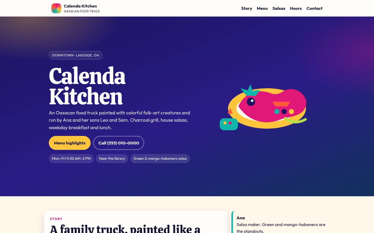 Homepage of the Calenda Kitchen demo: a colorful Oaxacan food truck homepage with folk-art illustration and menu highlights.