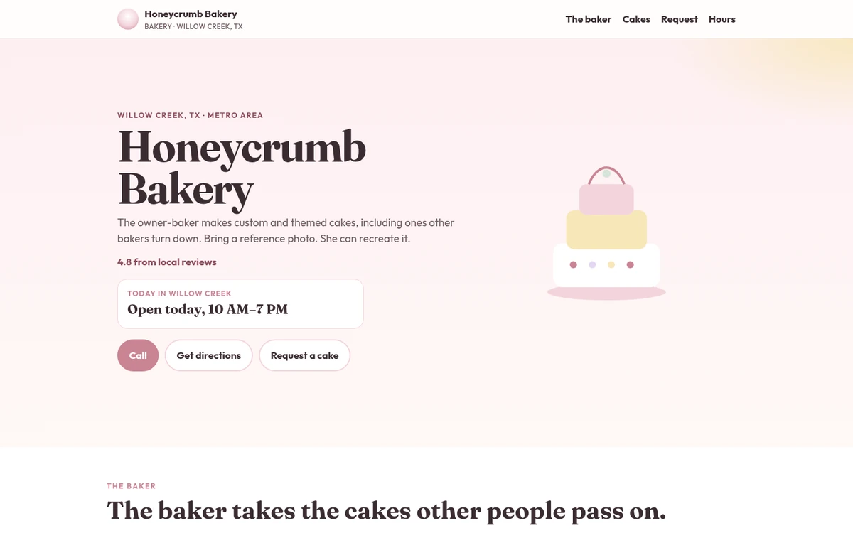 Homepage of the Honeycrumb Bakery demo: a soft pink celebration cake bakery homepage with an open-today card.