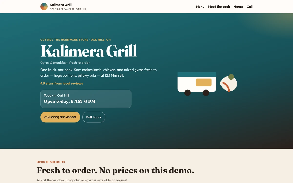 Homepage of the Kalimera Grill demo: a teal gyro food truck homepage showing today’s hours.