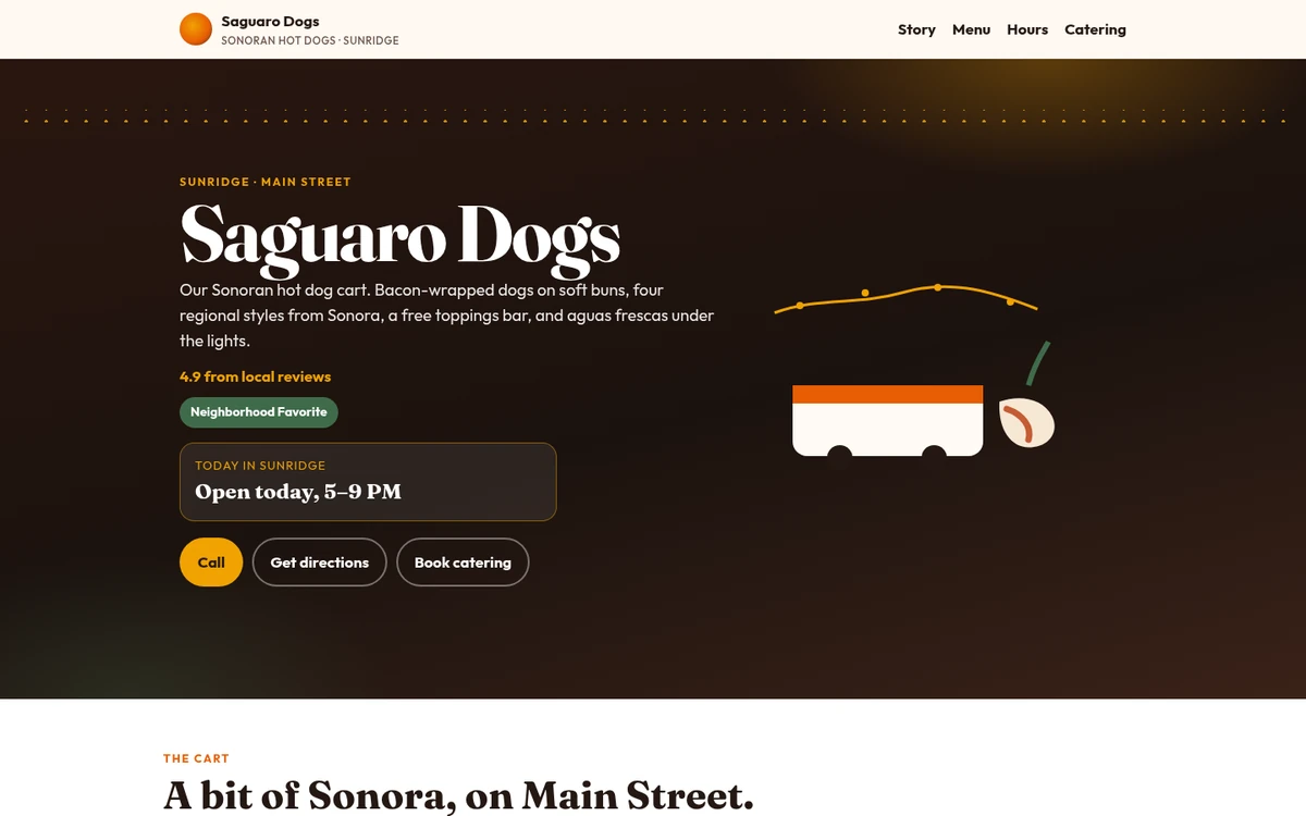 Homepage of the Saguaro Dogs demo: a dark Sonoran hot dog cart homepage with tonight’s hours and catering button.
