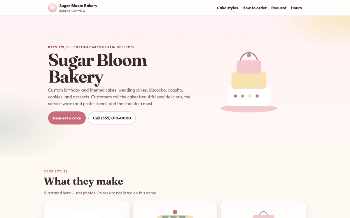 Homepage of the Sugar Bloom Bakery demo: a pink custom cake bakery homepage with cake styles and a request button.